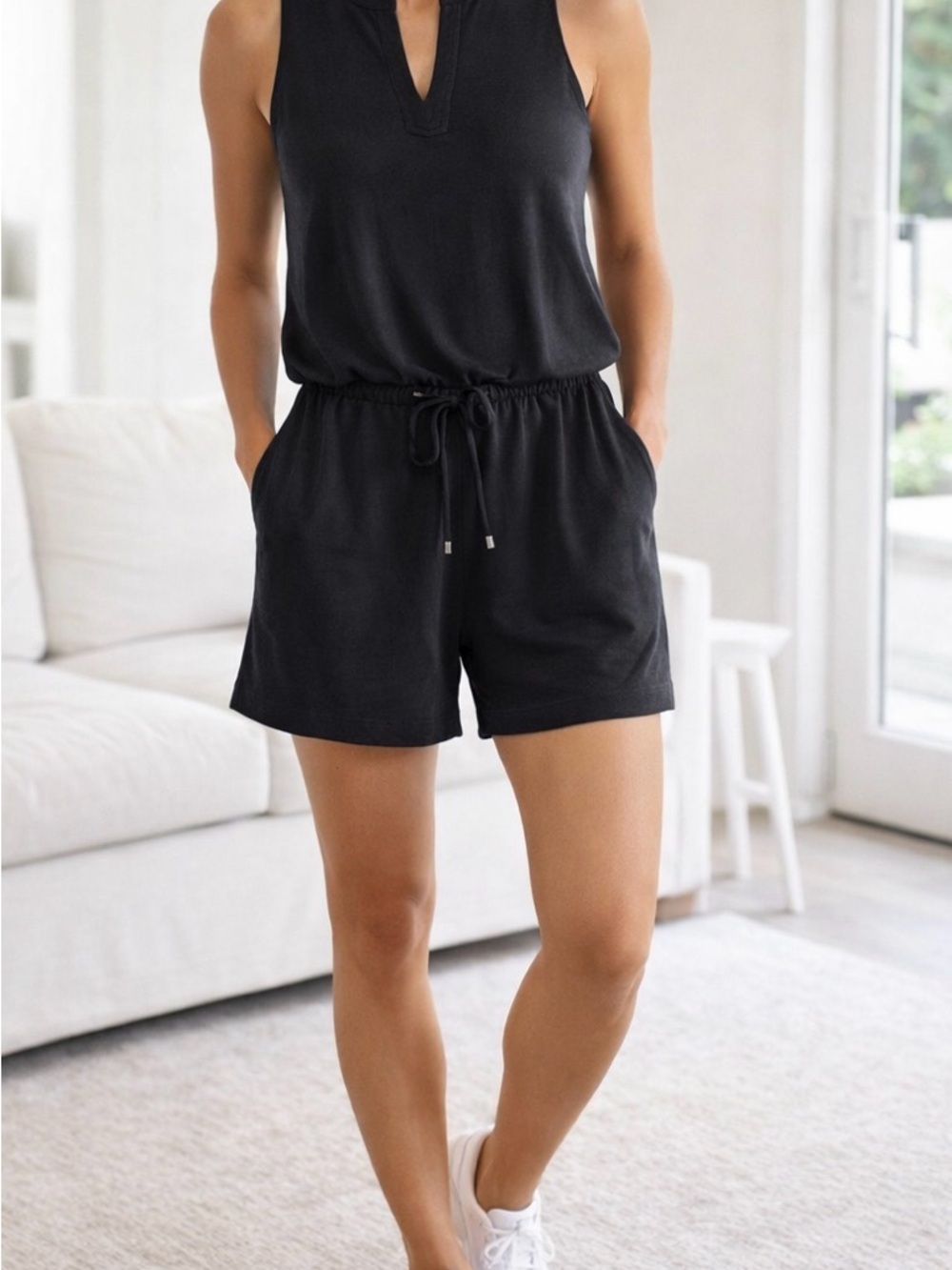 WHBM Black Sleeveless Tie Waist Romper Size M Minimal Travel Chic Athleisure